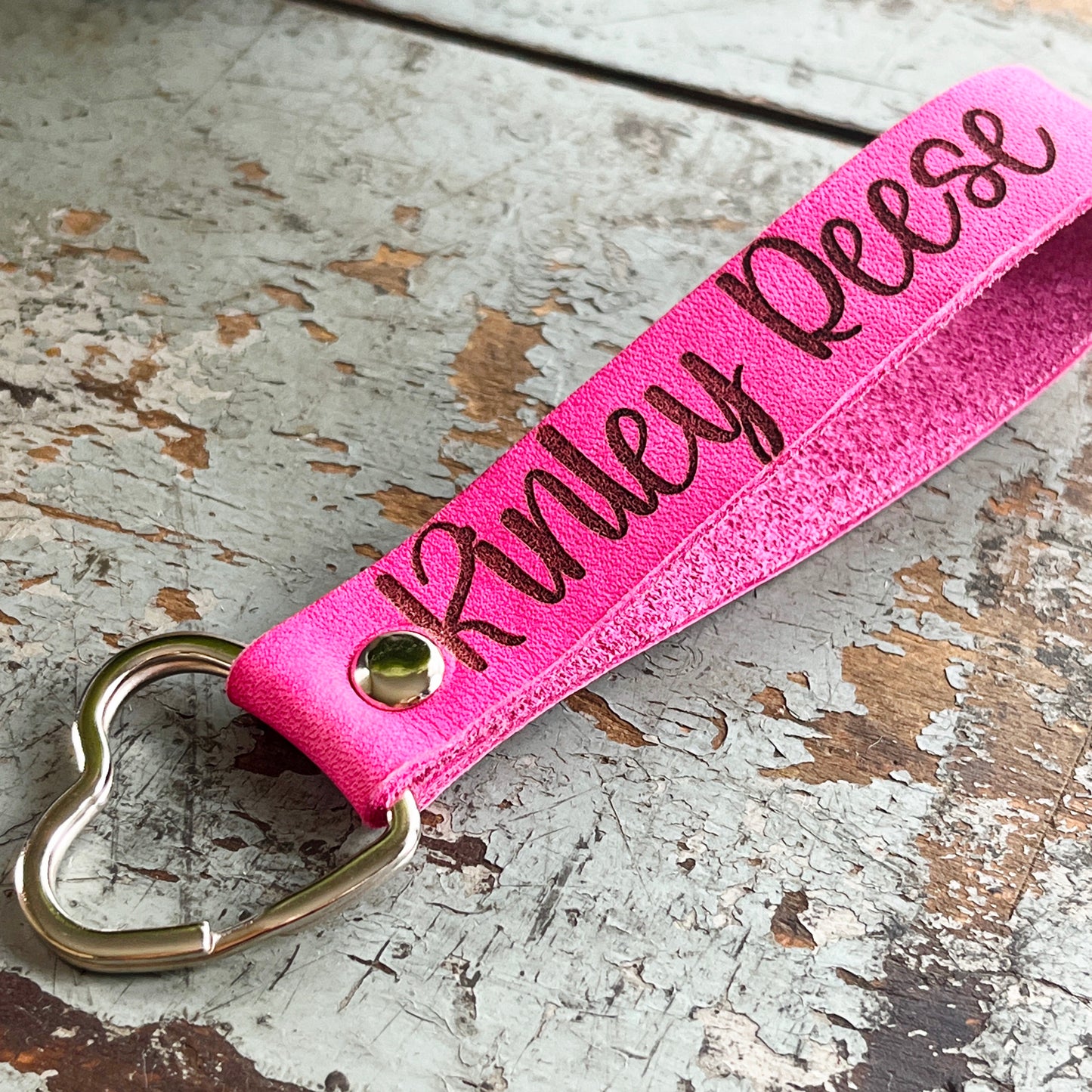 Custom Name Keychain in Pink Leather with Heart