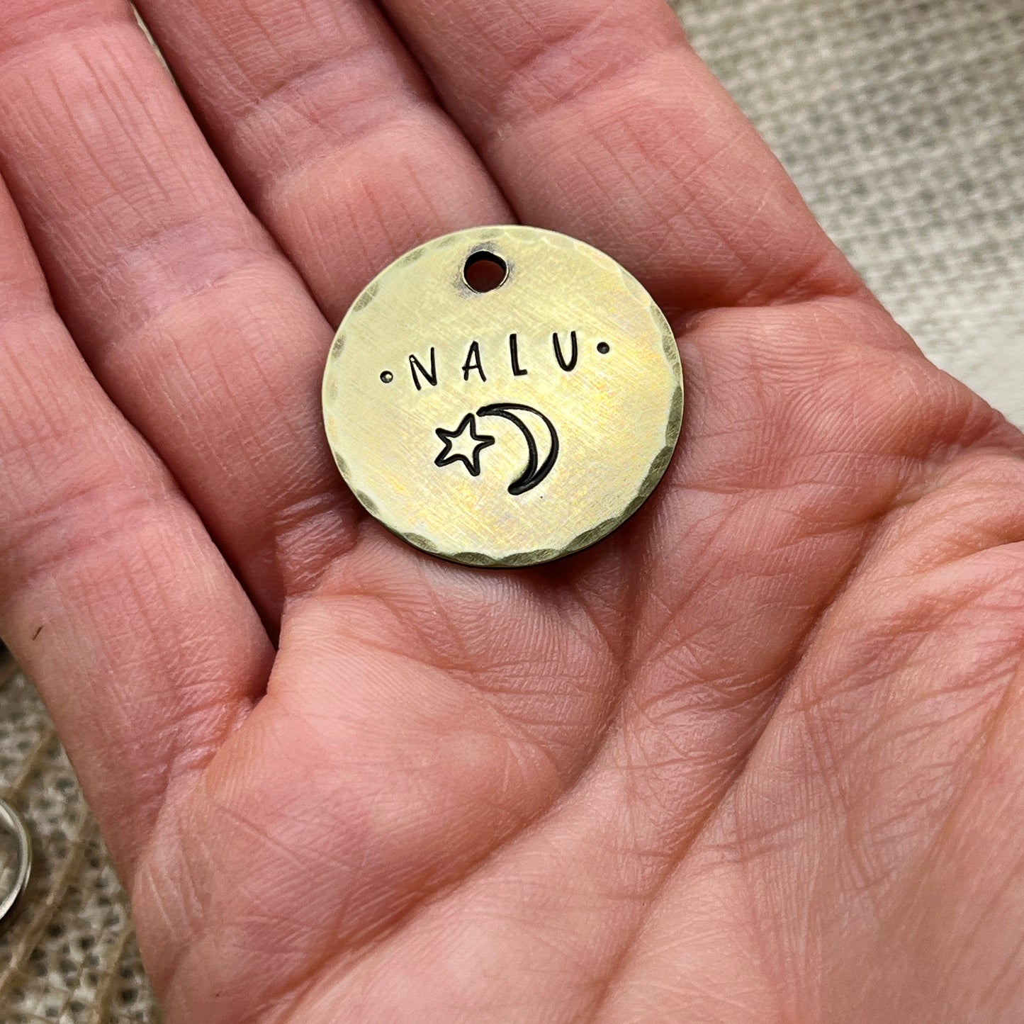Moon and Star Medium Brass Dog Tag with Personalization
