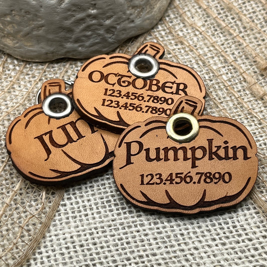 Pumpkin Shaped Silent Dog Tag, Laser Engraved Genuine Leather Pet ID Tag