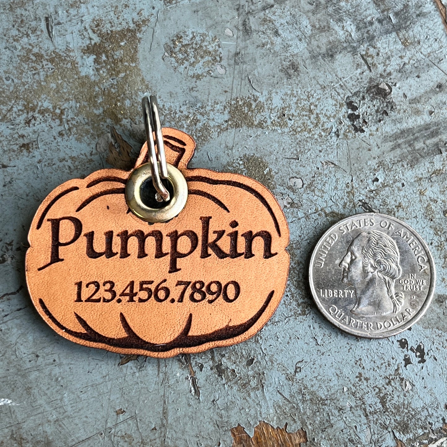 Pumpkin Shaped Silent Dog Tag, Laser Engraved Genuine Leather Pet ID Tag