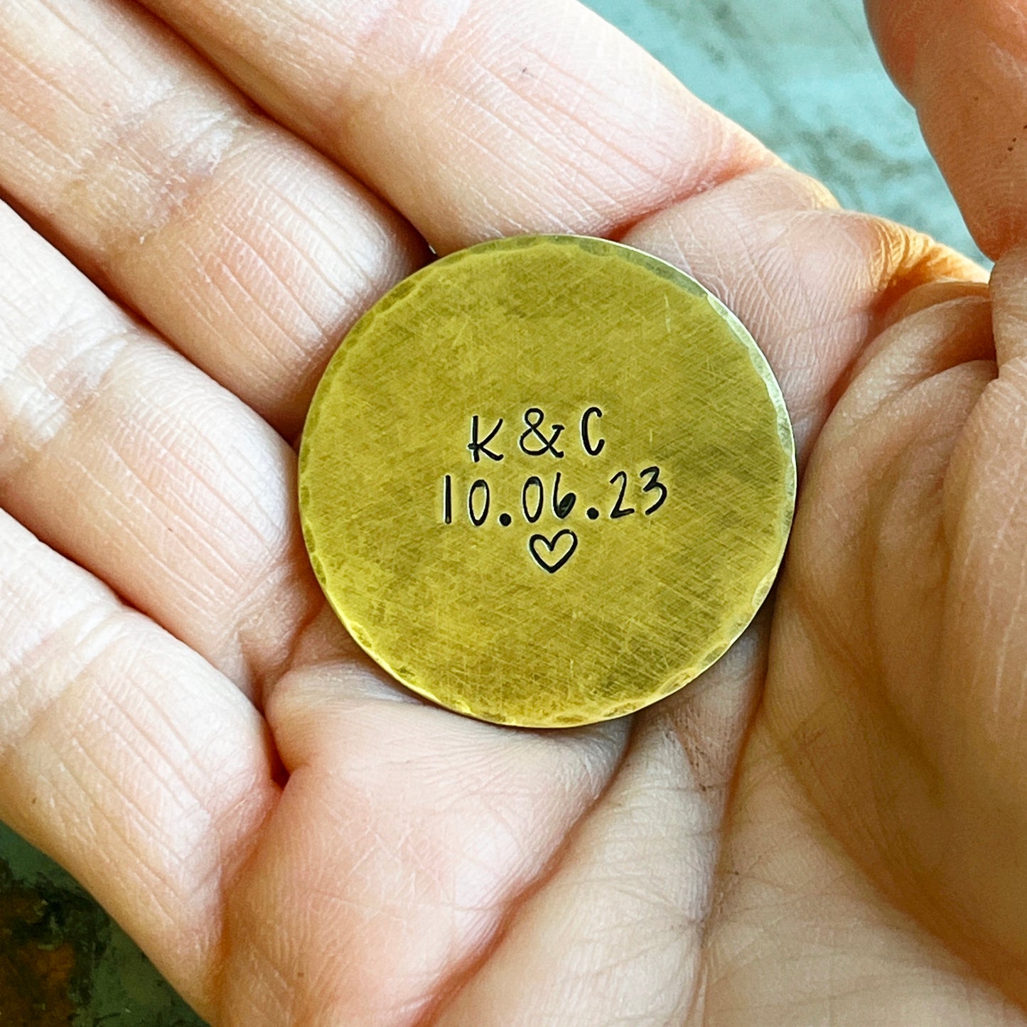 Wedding Day Gift, Solid Brass Pocket Coin with Initials and Date
