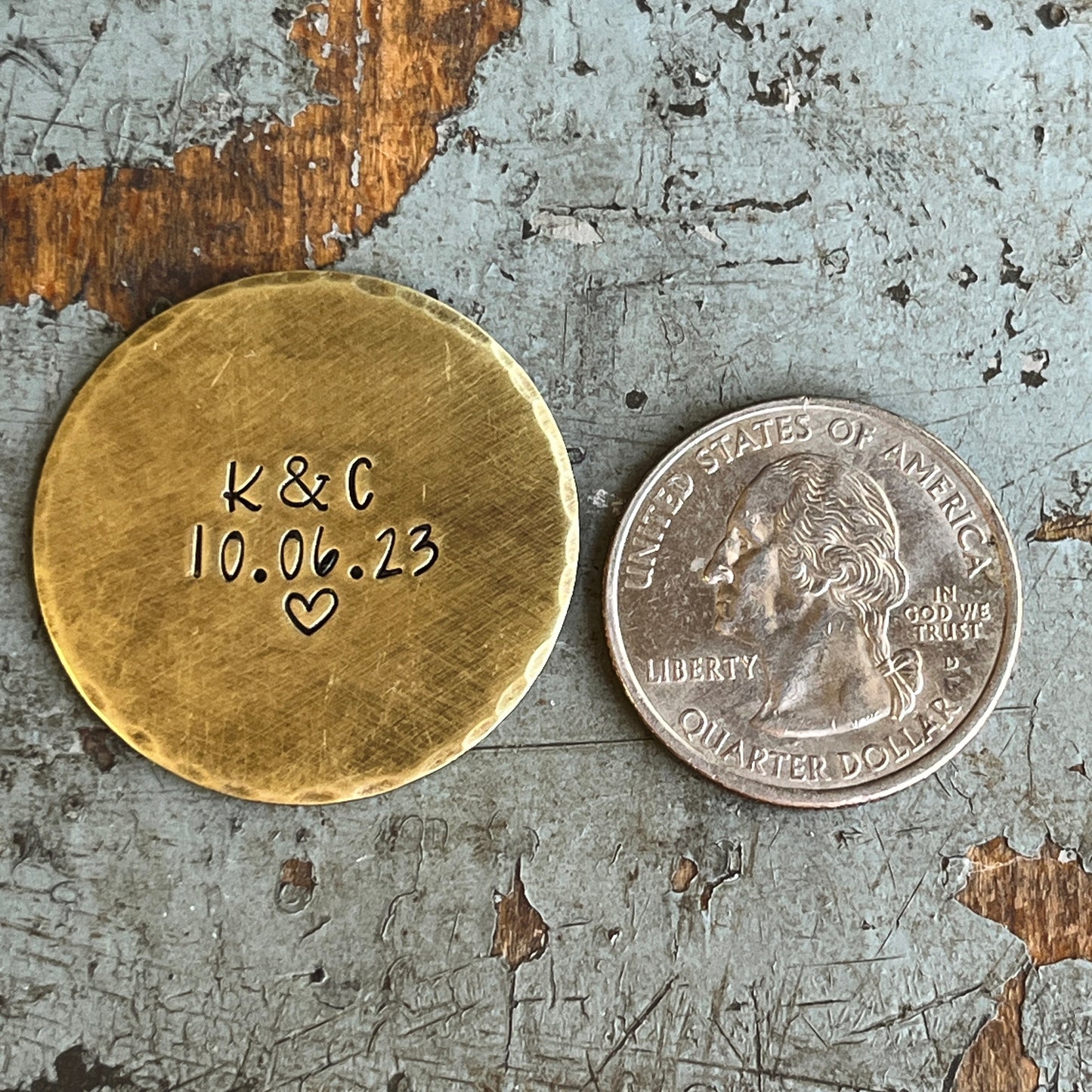 Valentine's Day Gift, Solid Brass Pocket Coin with Initials and Date