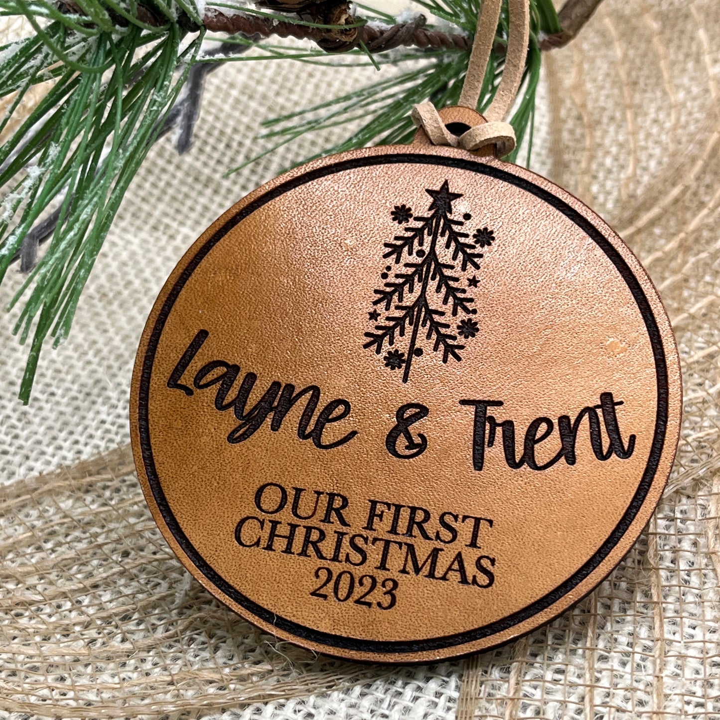 Our First Christmas Ornament - Leather Christmas Ornament Personalized - 2023 Ornament