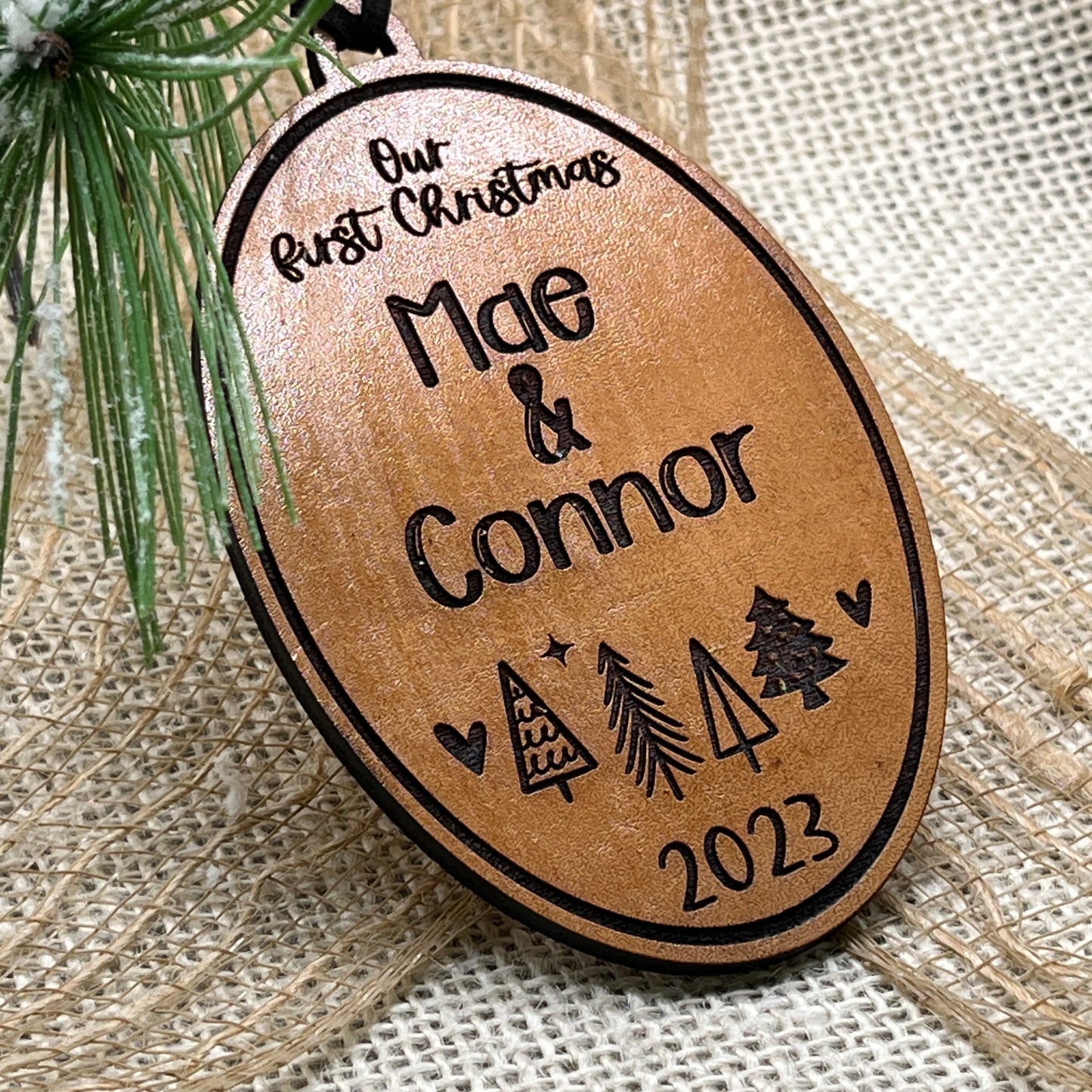 Custom Couples Ornament Made from Genuine Leather - Our First Christmas 2023