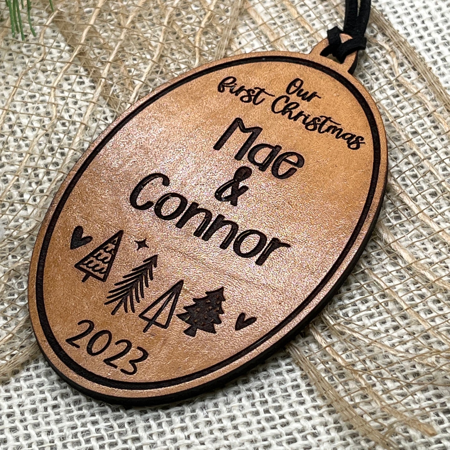 Custom Couples Ornament Made from Genuine Leather - Our First Christmas 2023