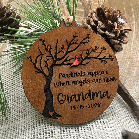 In memory of personalized leather ornament with cardinal and tree design