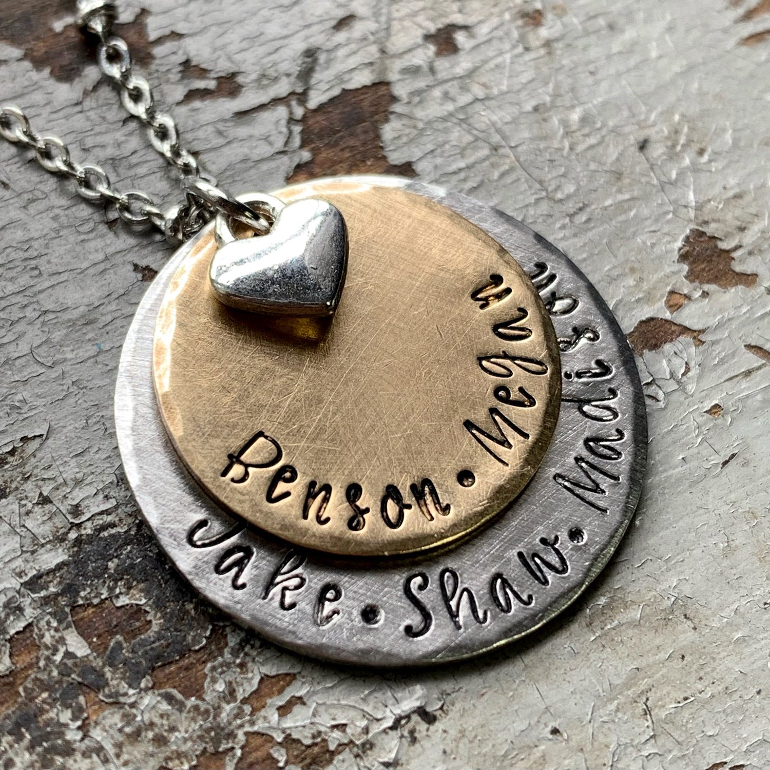 Necklace with heart pendant and engraved names of kids, grandkids