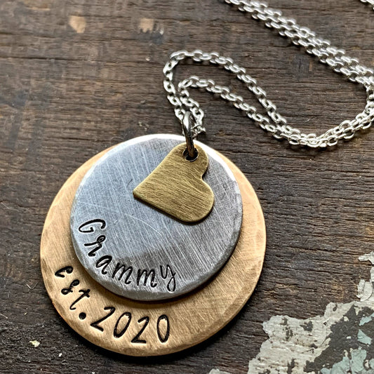 Necklace with layered pendants hand stamped for grandma