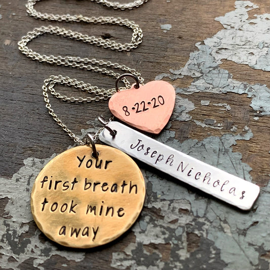 Sentimental Necklace for New Moms – Hand Stamped Baby Name and Birthdate Jewelry