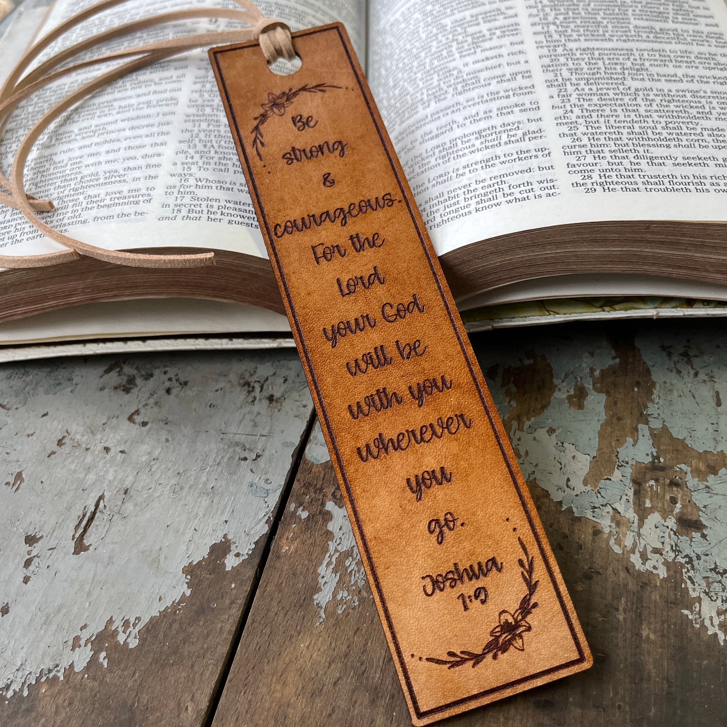 Bible Verse Bookmark, Be Strong and Courageous Joshua 1 9 Genuine Leather Bookmark