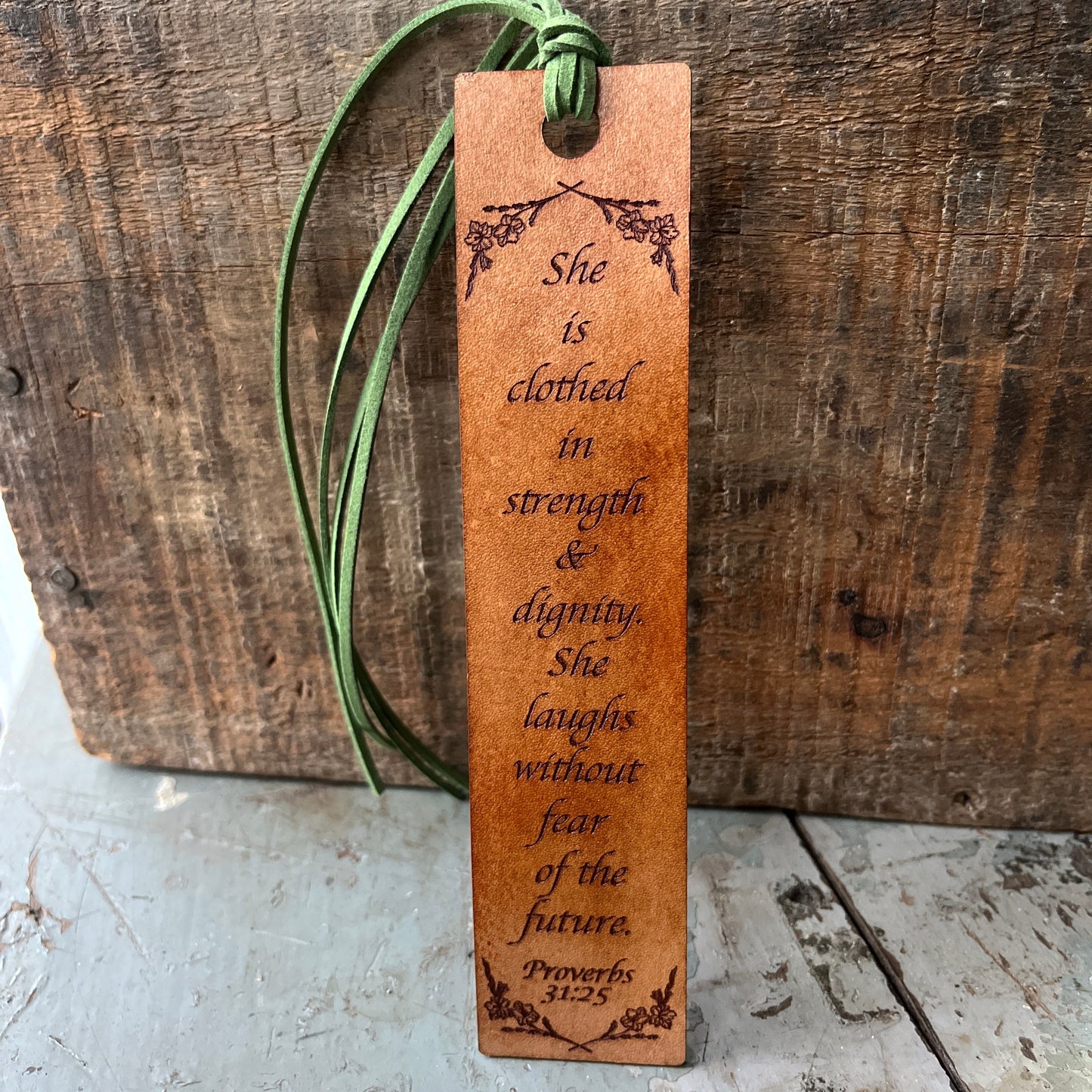 “She is Clothed in Strength & Dignity” Leather Bookmark – Proverbs Comfort Gift