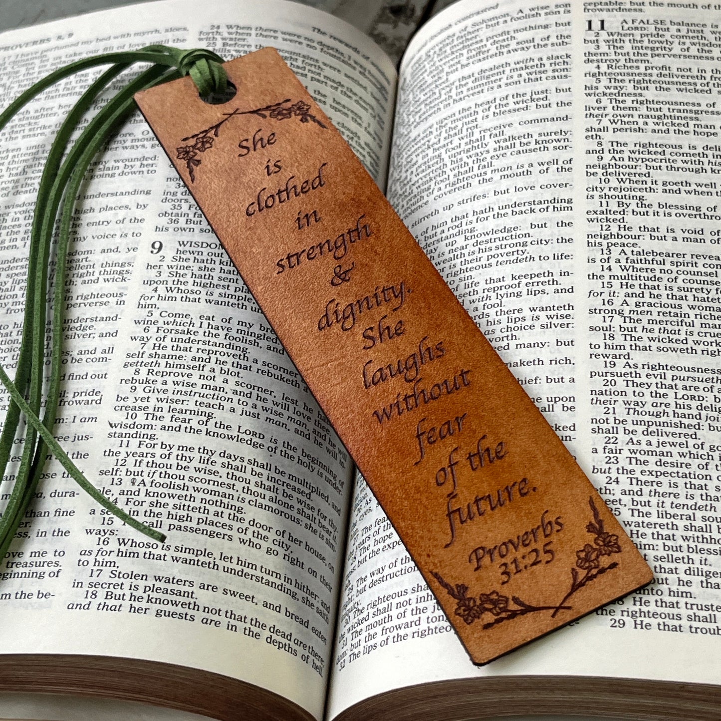 “She is Clothed in Strength & Dignity” Leather Bookmark – Proverbs Comfort Gift