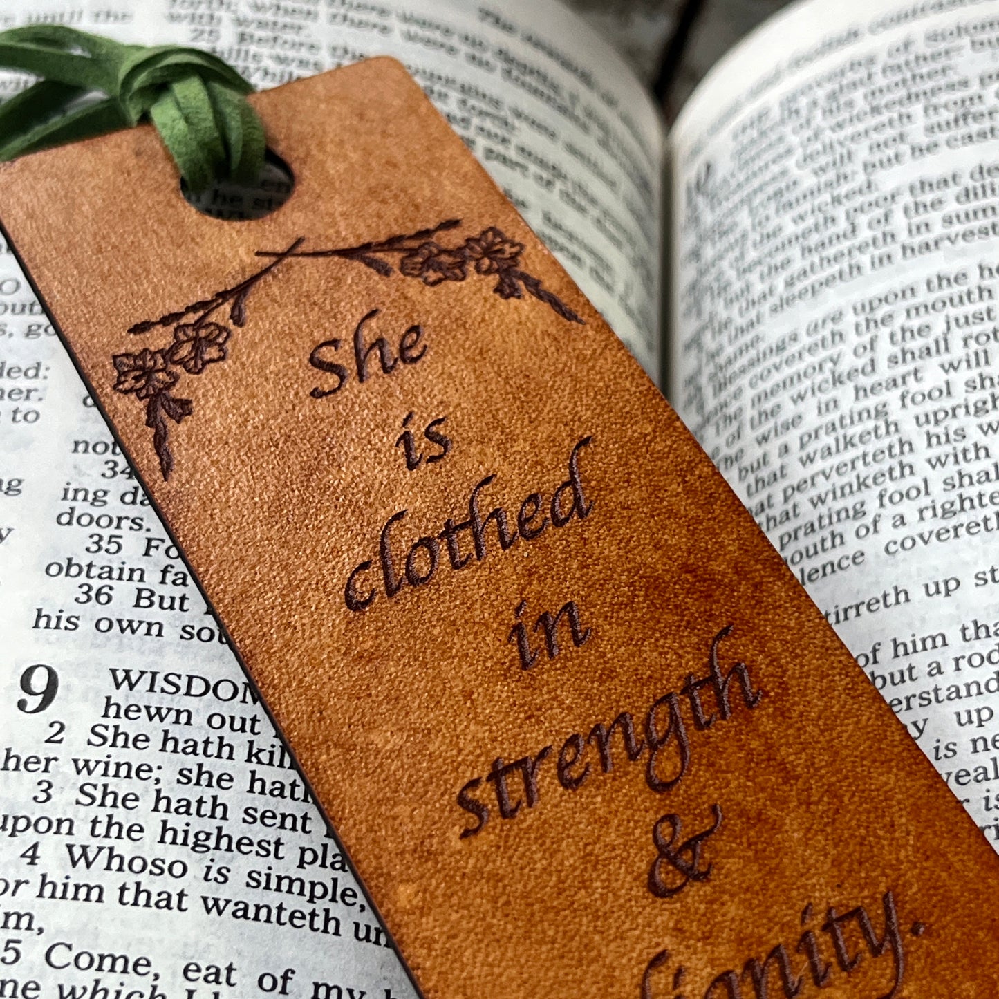 “She is Clothed in Strength & Dignity” Leather Bookmark – Proverbs Comfort Gift