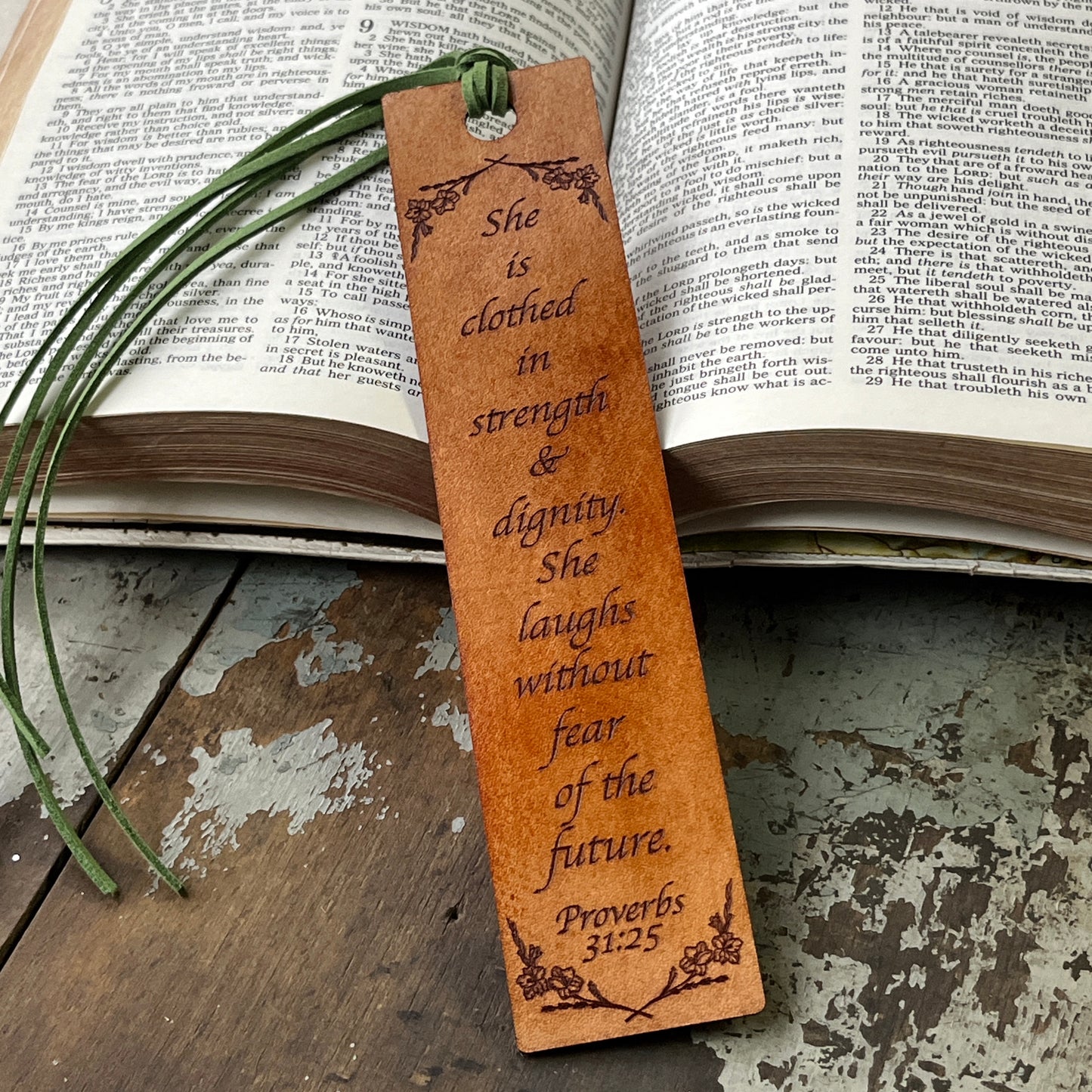 “She is Clothed in Strength & Dignity” Leather Bookmark – Proverbs Comfort Gift