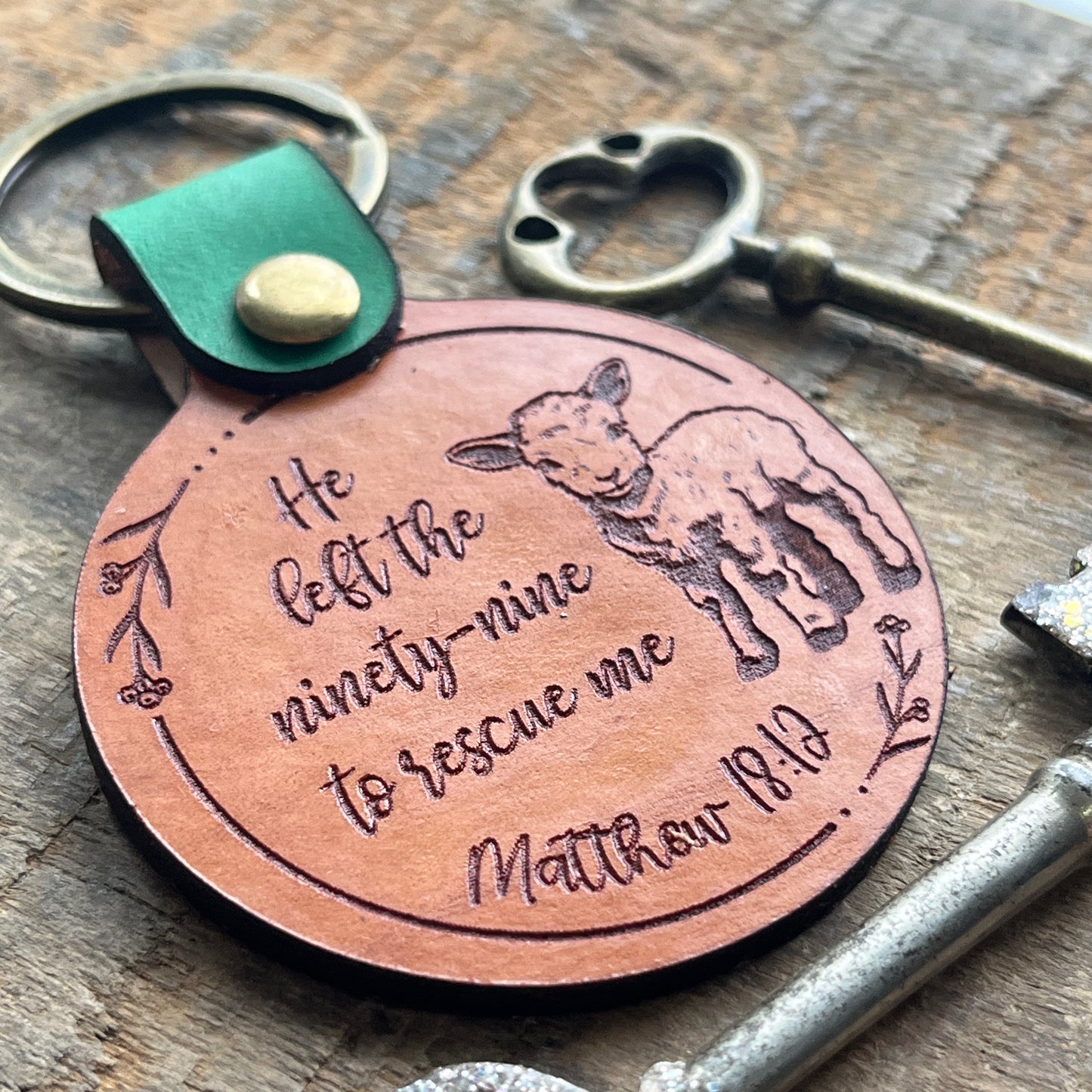 Engraved Leather Scripture Keychain, He Left the 99 to Rescue Me Bible Verse Gifts, Matthew 18