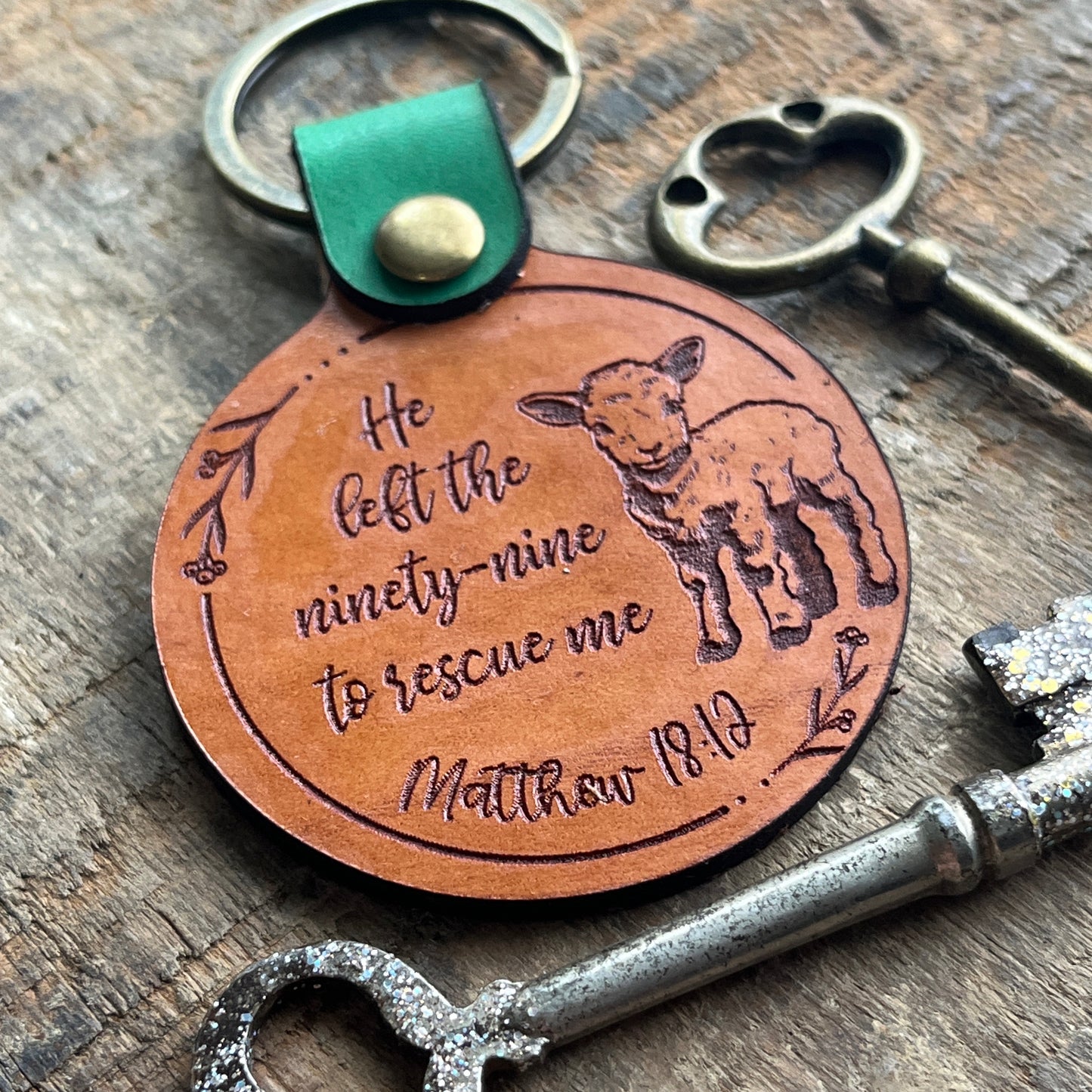 Engraved Leather Scripture Keychain, He Left the 99 to Rescue Me Bible Verse Gifts, Matthew 18