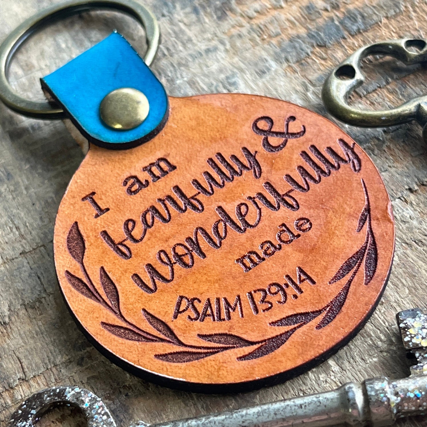 Leather keychain engraved “Fearfully & Wonderfully Made” Psalm 139