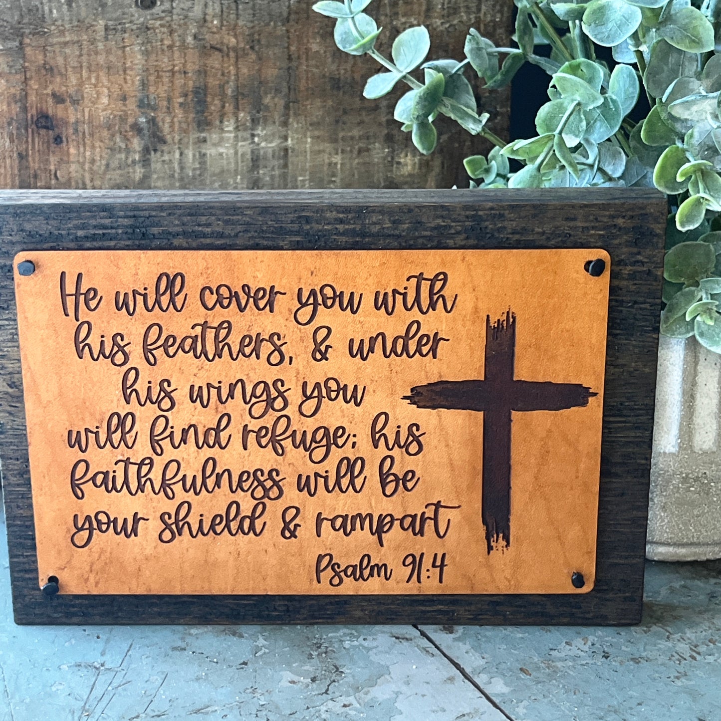 psalm 91 4 wood and leather sign, front view