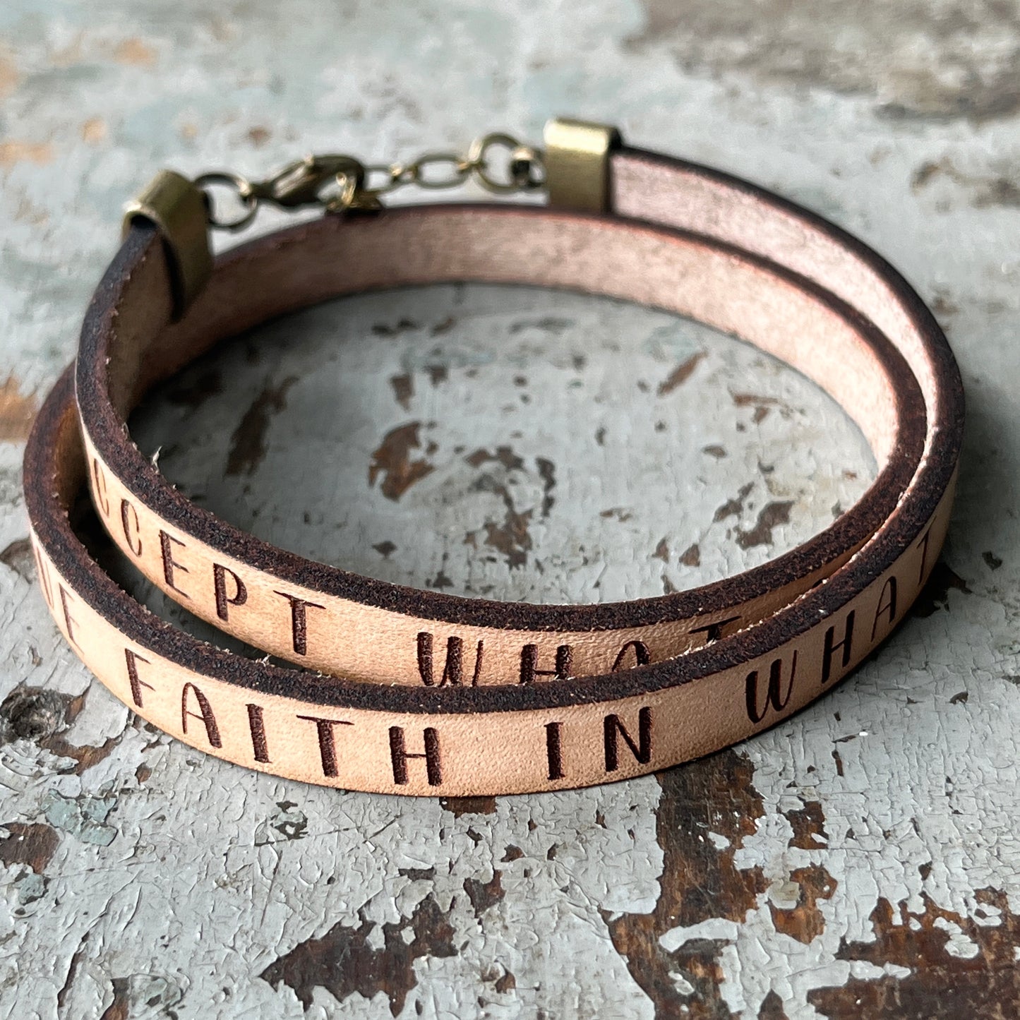 Inspirational Leather Double Wrap Bracelet, Engraved Encouragement Bracelet