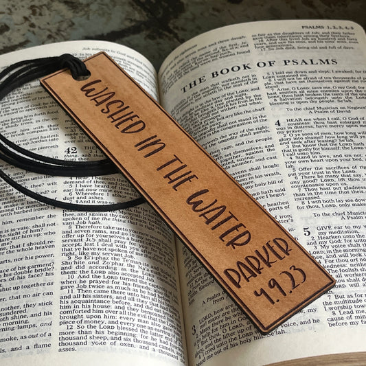 Leather Bible Bookmark, Washed in the Water Personalized Handcrafted Bookmarks, Christian Baptism Gifts