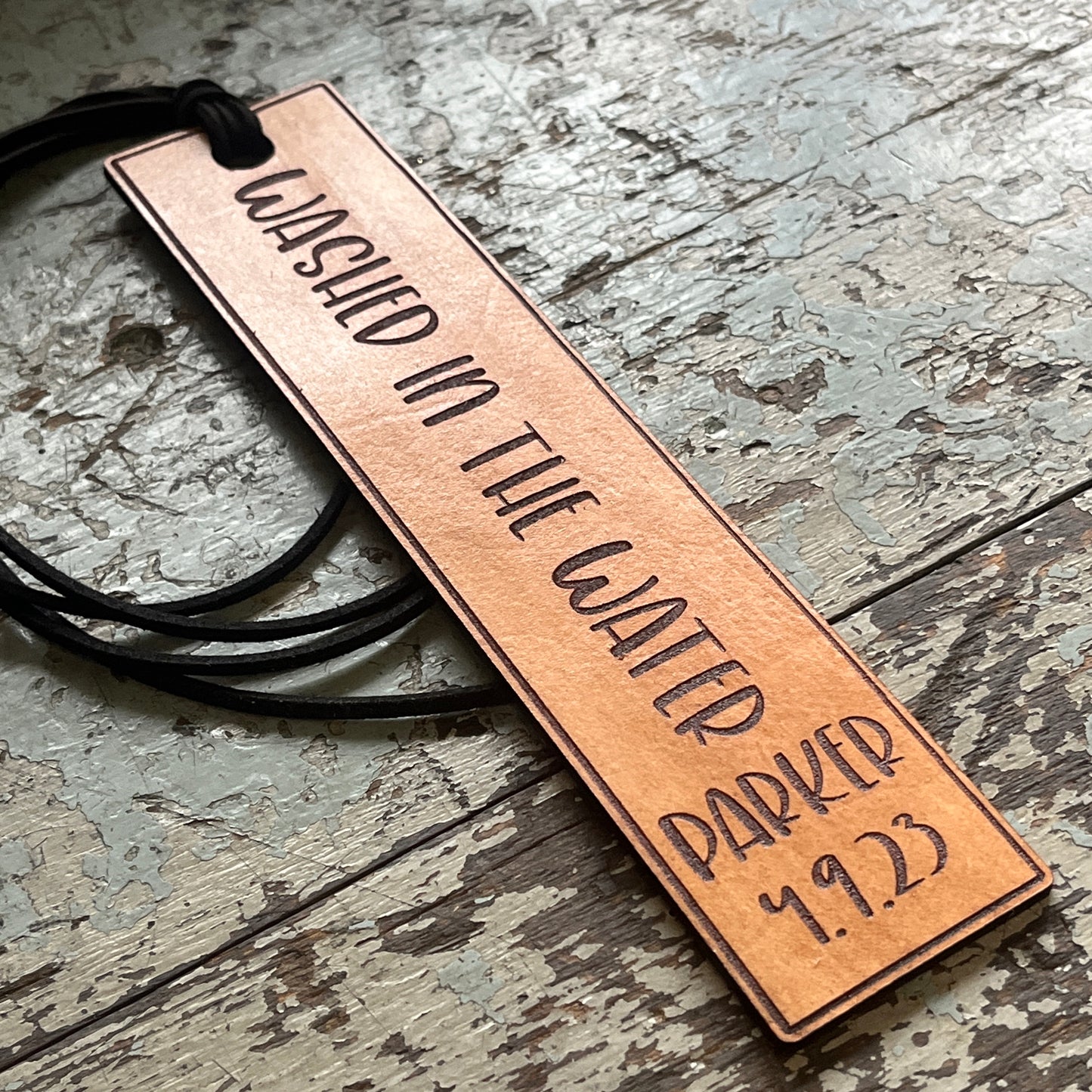 Leather Bible Bookmark, Washed in the Water Personalized Handcrafted Bookmarks, Christian Baptism Gifts