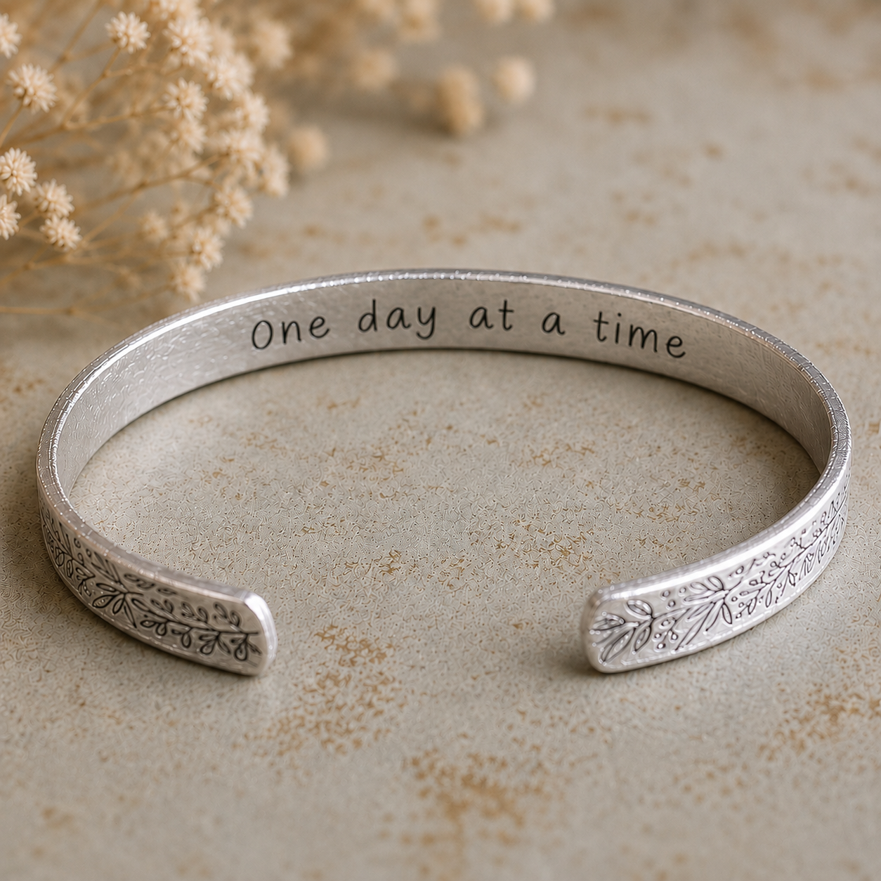 Floral Engraved Cuff Bracelet | Personalized Hidden Message Bracelet | Encouragement Gift for Her