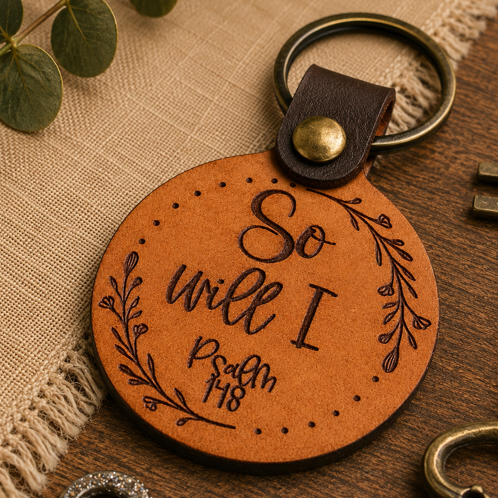 leather keyfob engraved So Will I Psalm 148