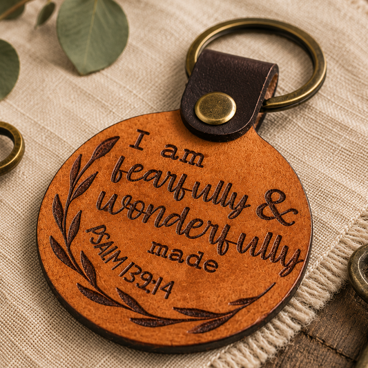 Brown leather keychain with engraved text on a textured surface with keys and leaves.