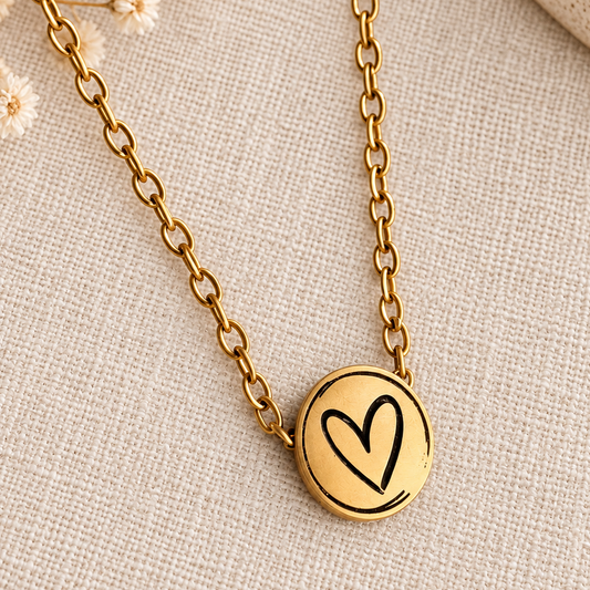 A gold chain necklace with a round gold pendant engraved with a heart, displayed on a textured beige fabric with dried flowers.