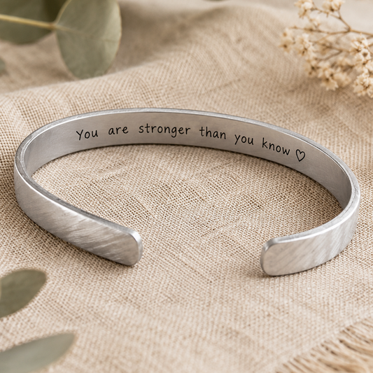 Silver bracelet with engraved message on a textured fabric background
