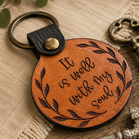 Brown leather keychain with 'It is well with my soul' engraving on a wooden surface with keys and leaves.