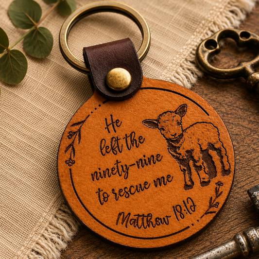 leather keyfob with lamb and matthew 18 12 scripture in script