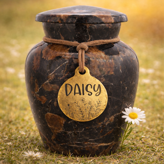 Black marble urn with a gold tag reading 'Daisy' on a grassy background