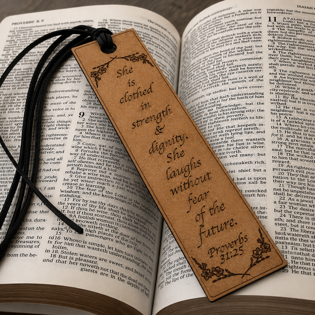 She Is Clothed in Strength and Dignity — Leather Bookmark