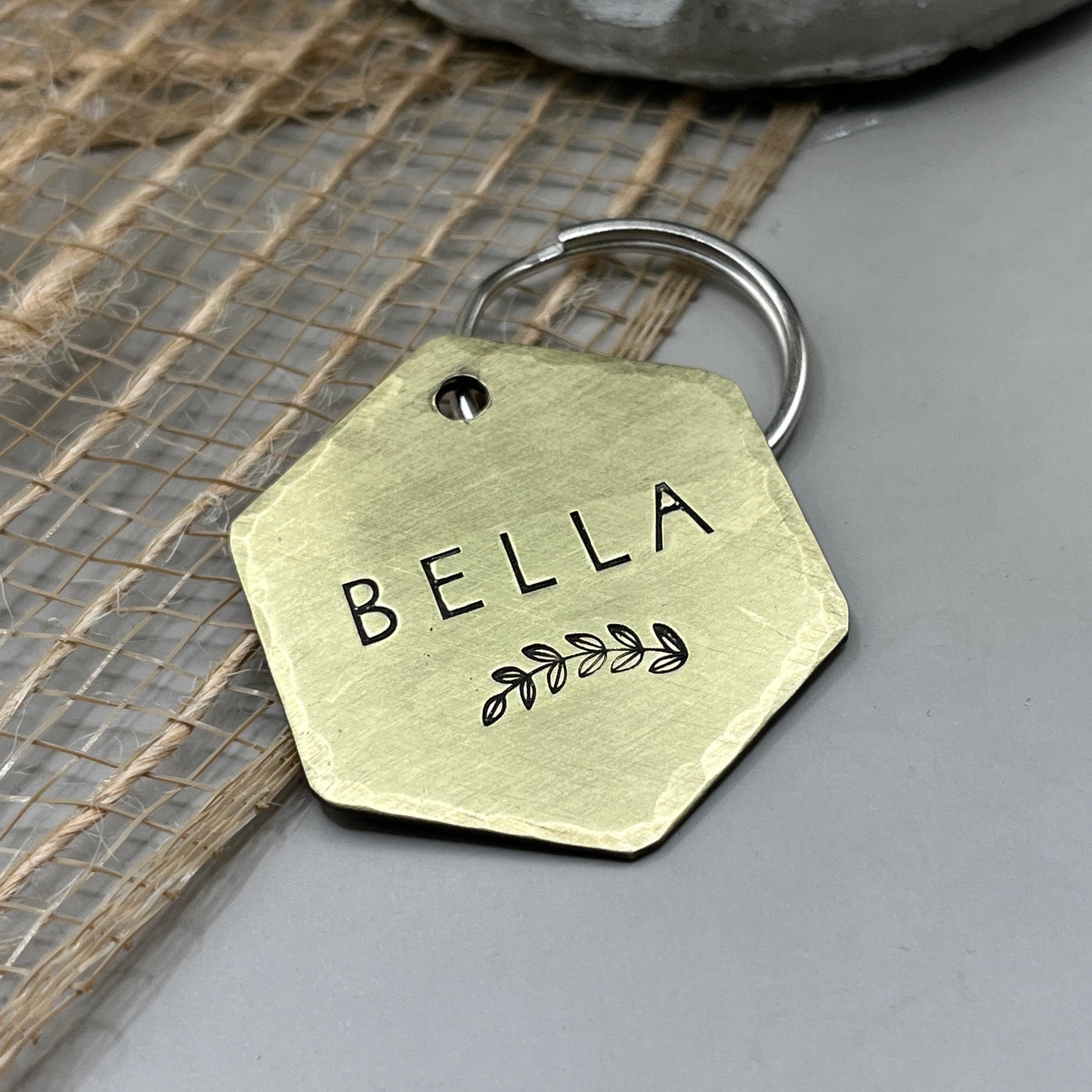 Large Brass Hexagon Shaped Dog Tag with Branch Design