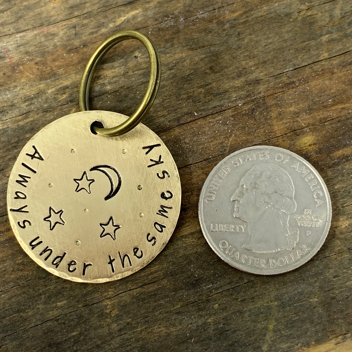 Long Distance Relationship Keychain, Always Under the Same Sky Hand Stamped Keychain