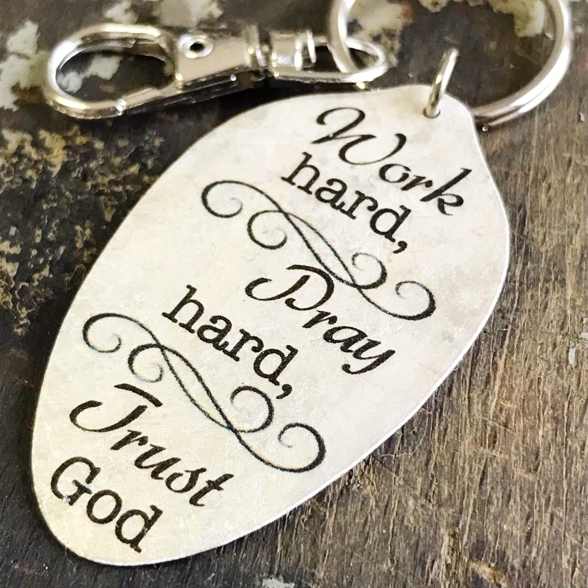 Work Hard, Pray Hard, Trust God spoon pendant keychain by Kyleemae Designs, Religious Inspirational Keychain, Inspirational Gift - KyleeMae Designs