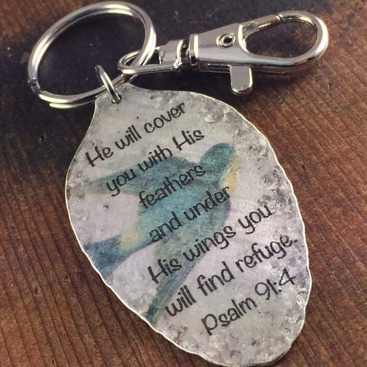 he will cover you Psalm 91:4 spoon keychain with sparrow image by kyleemae designs