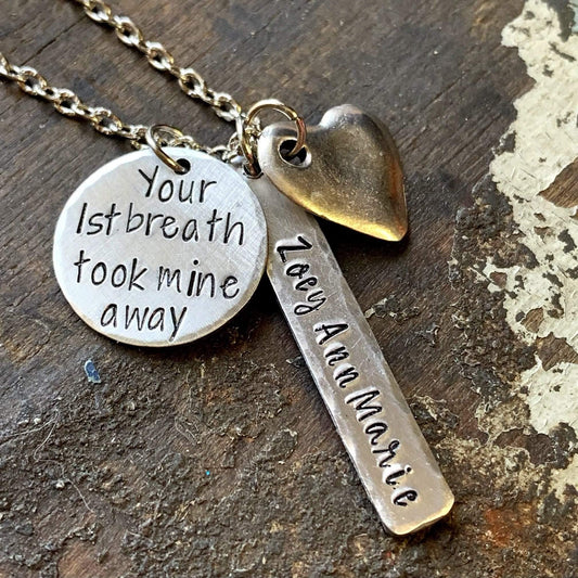 Your First Breath Took Mine Away Personalized New Mom Necklace - KyleeMae Designs